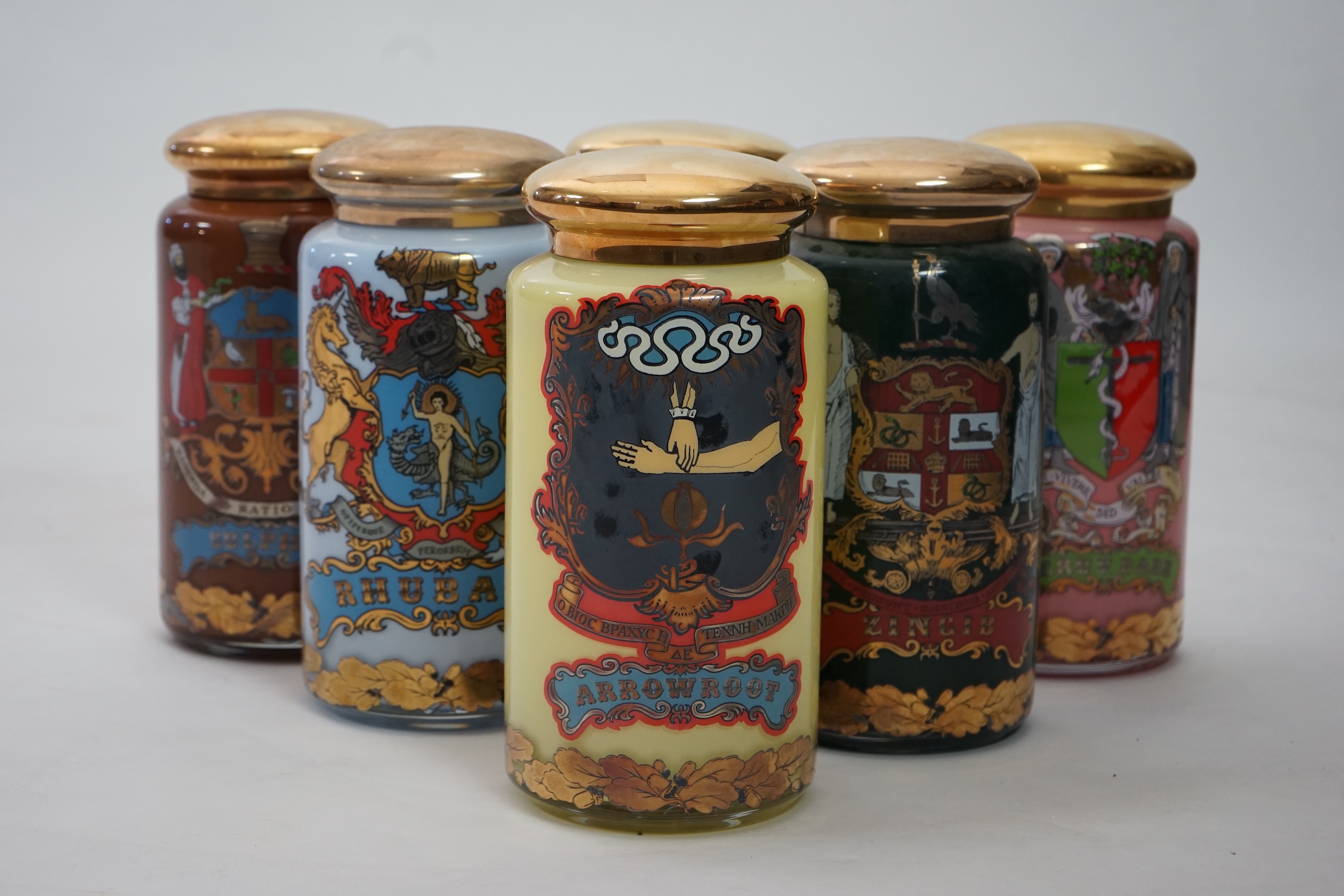 A set of six enamelled and gilt Specie jars, made for the National Pharmaceutical Association by Carlyle Fine Collections and designed by S. Wheaton, c.1990